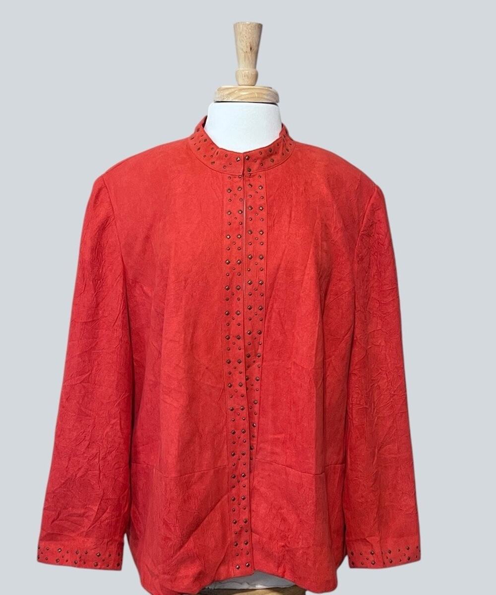 Alfred Dunner Womens 20 Coral Open Blazer Jacket Faux Suede Studded Artisan Boho